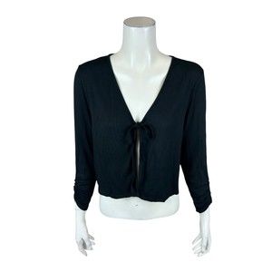Truth + Style Women's Knit Tie Front Cropped Cardigan Solid Black Medium Size